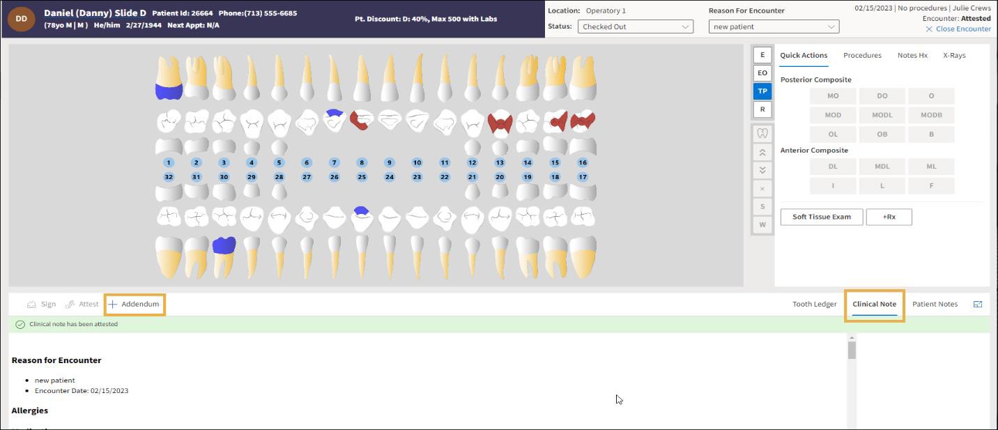 Charting page with yellow highlight boxes around the Clinical Note tab and +Addendum button.